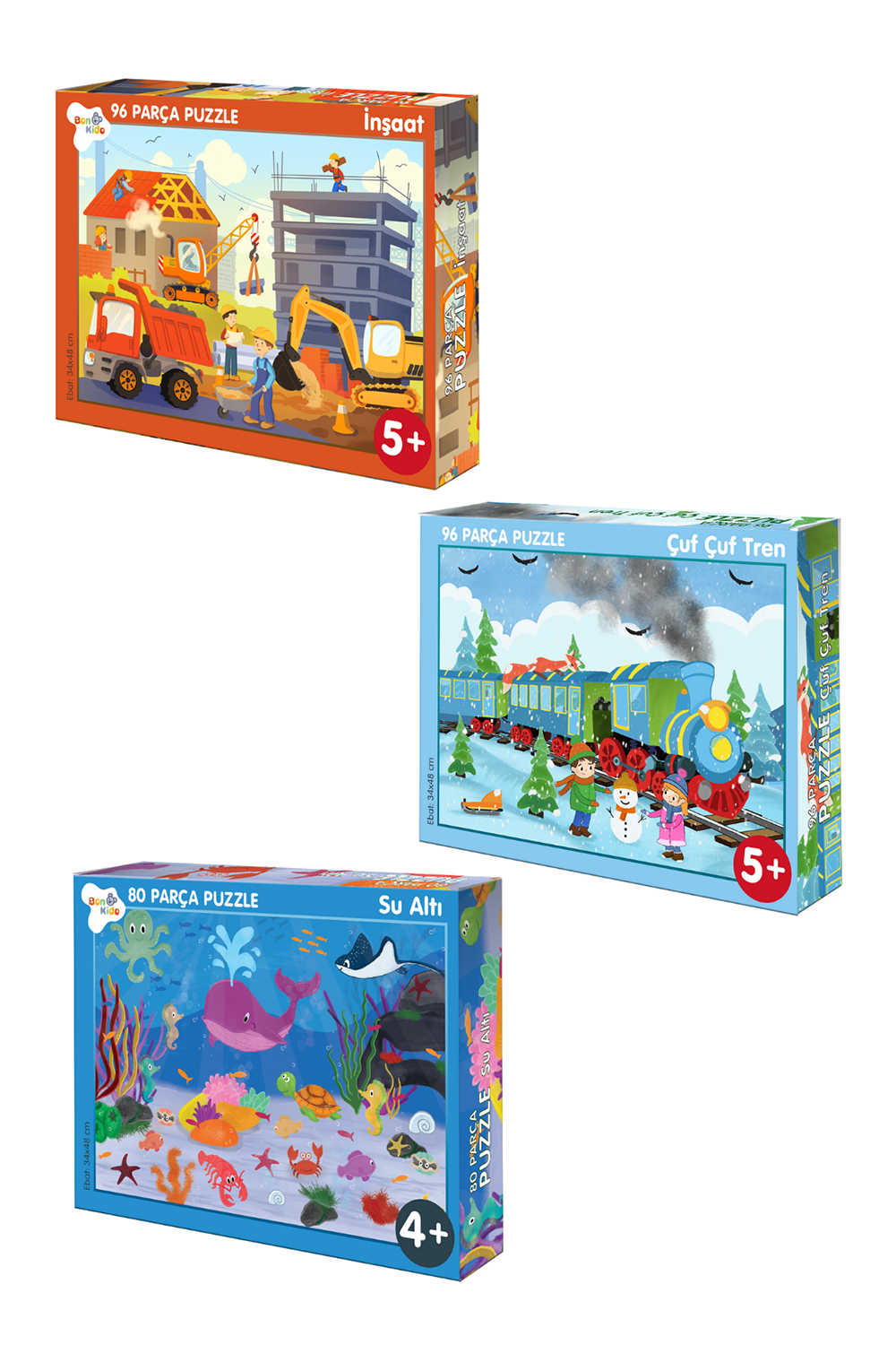 80-96-96 Parça Puzzle 3'lü Set Su Altı - Çufçuf Tren – Inşaat